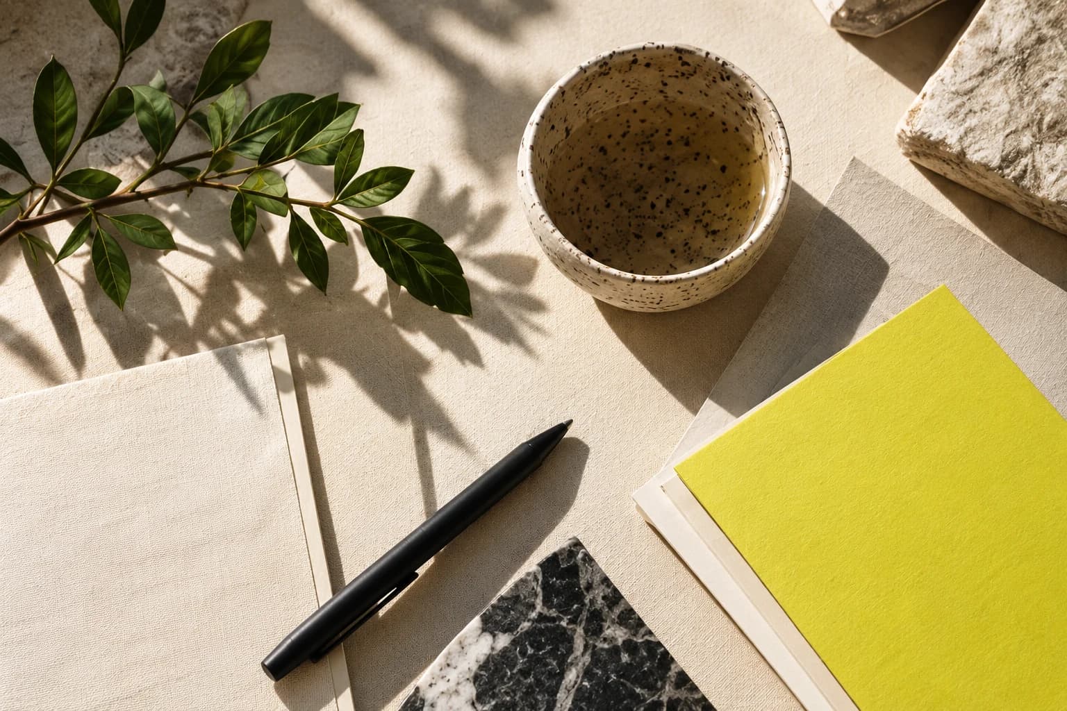 Illustrative studio composition of paper, ceramic, and creative materials
